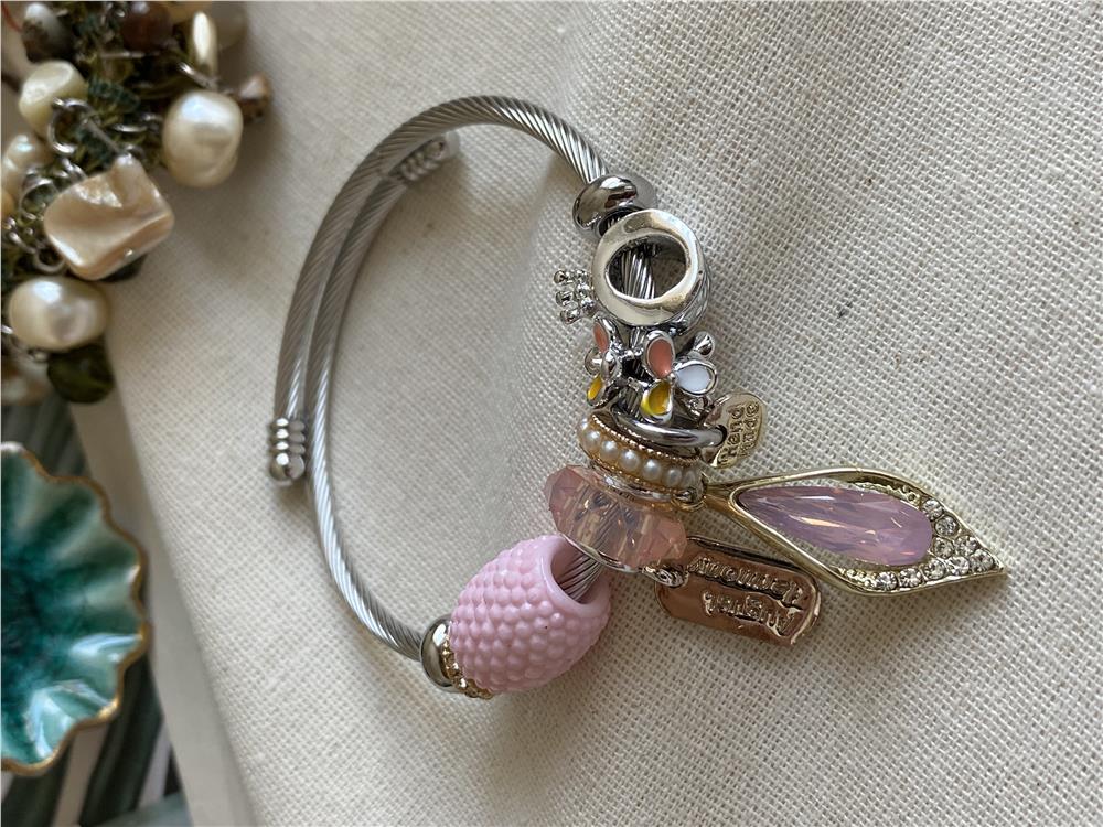 Çelik Pembe Damla Charm Bileklik