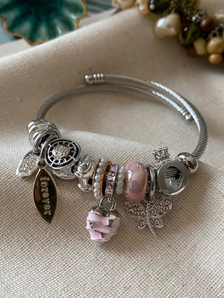 Çelik Pembe Kalp Charm Bileklik
