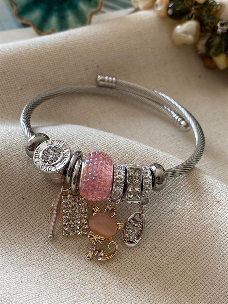 Çelik Pembe Kedi Charm Bileklik