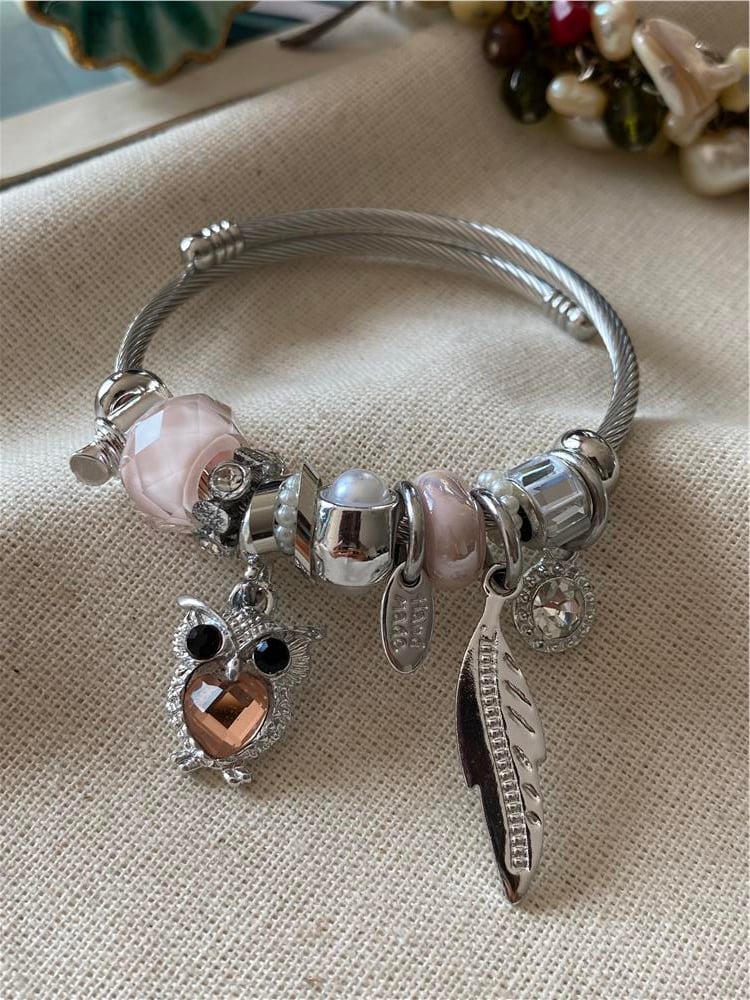 Çelik Pembe Taşlı Baykuş Charm Bileklik