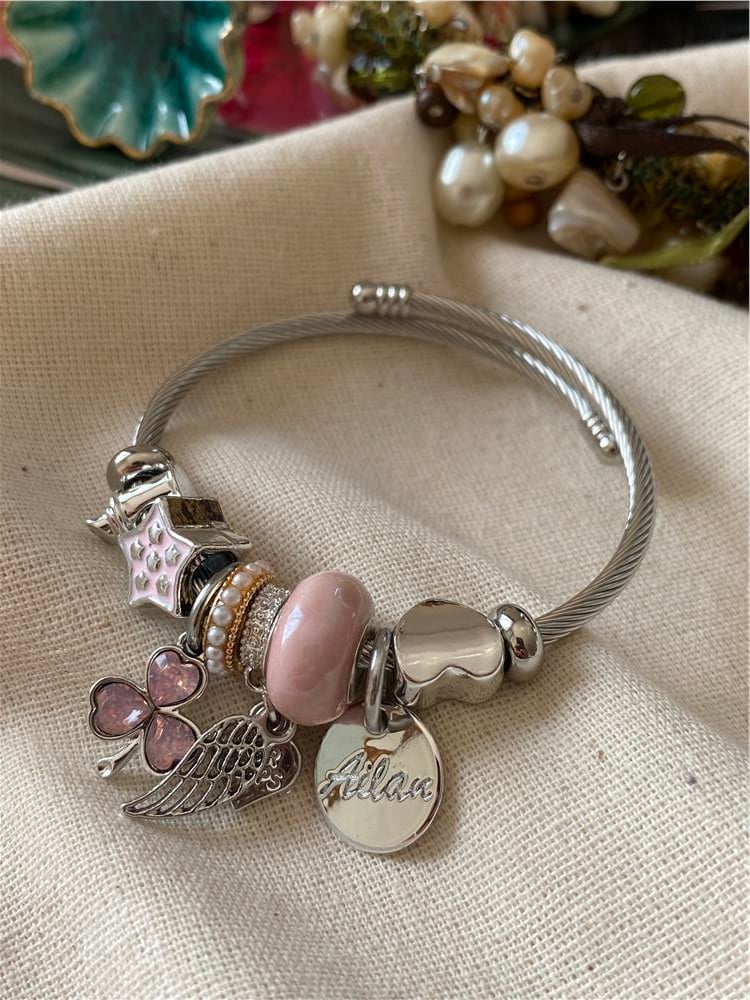 Çelik Pembe Yonca&Kanat Charm Bileklik
