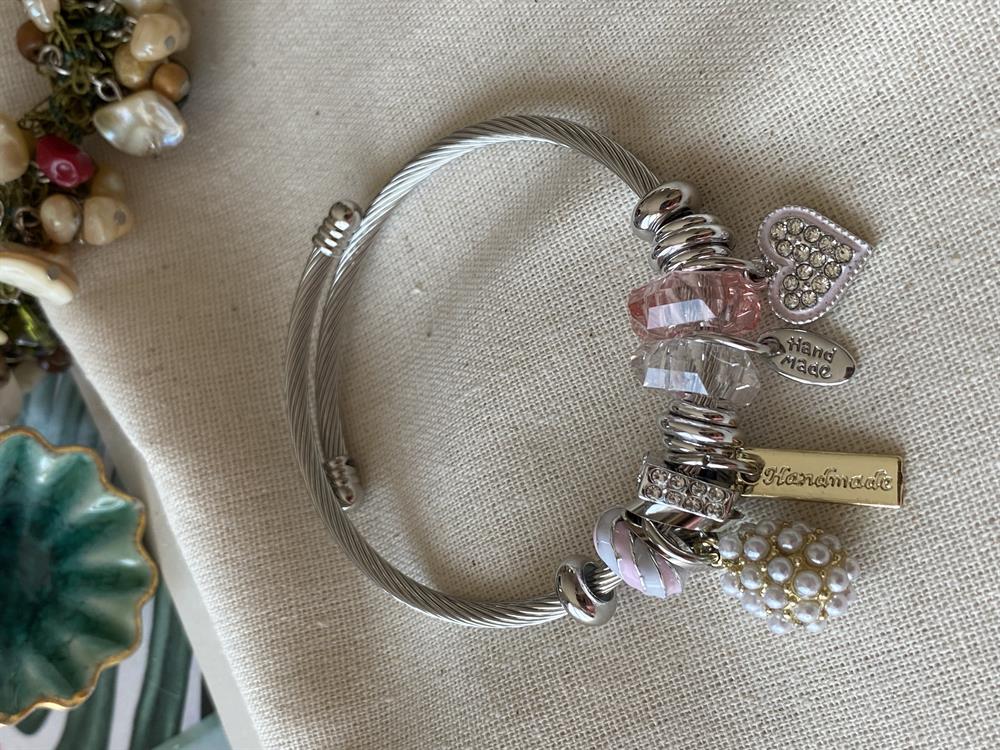 Çelik Pink Pearl Charm Bileklik