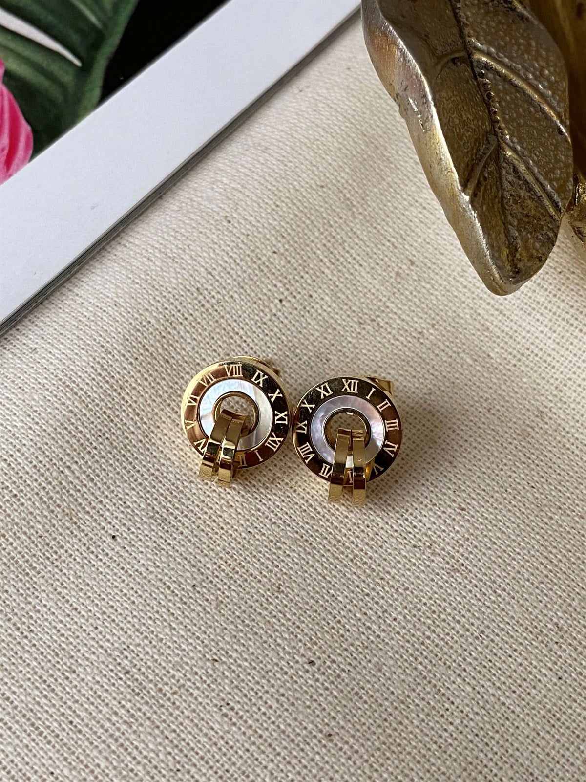 Steel Pearl Roman Numeral Earrings