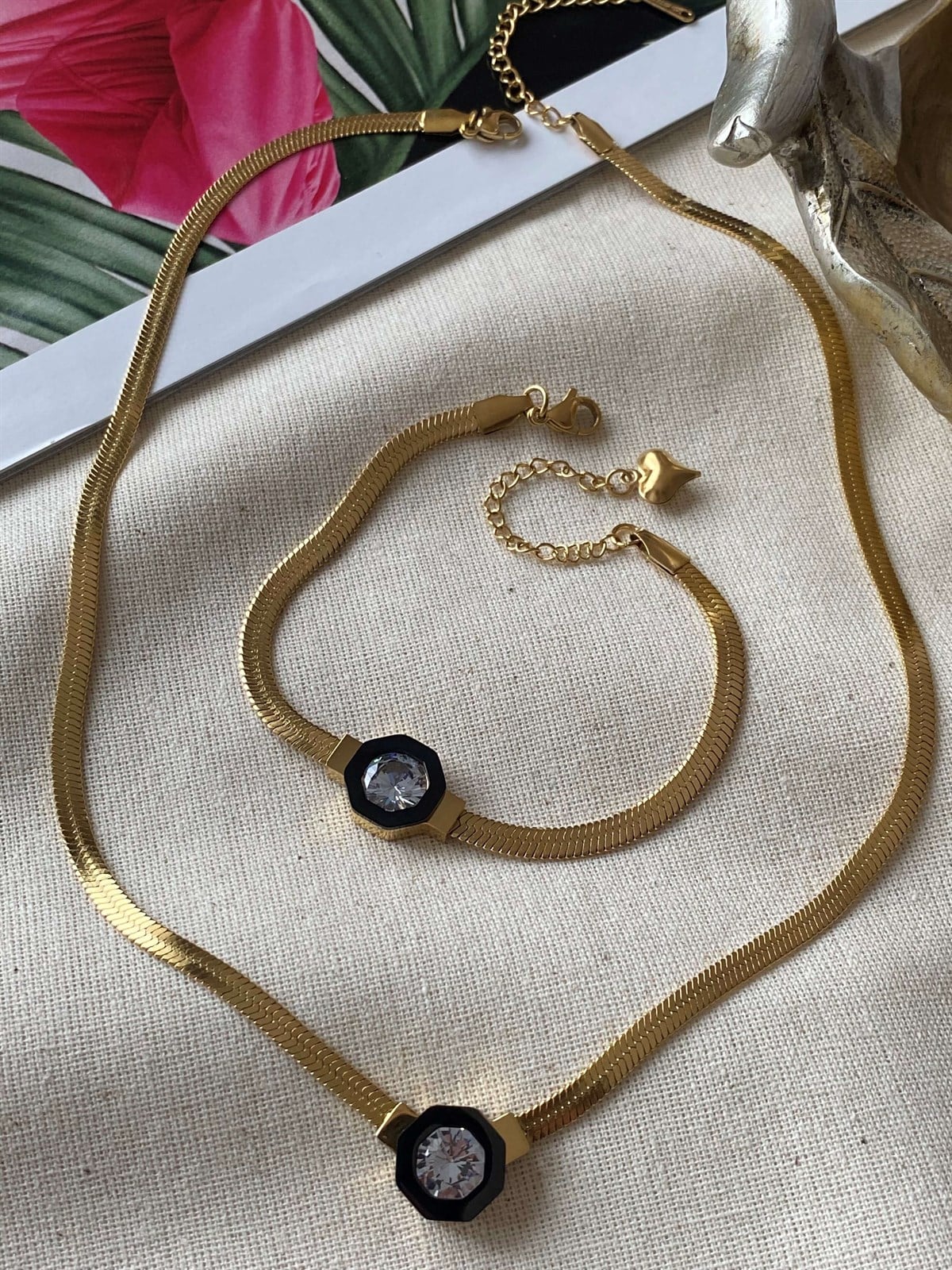 Steel Şikel Gold Necklace Bracelet Set