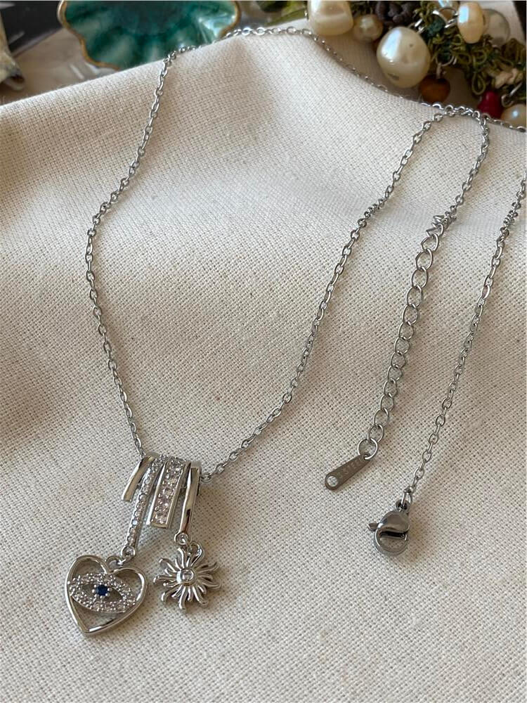 Çelik Silver Güneş ve Kalp Nazar Sallantılı Kolye