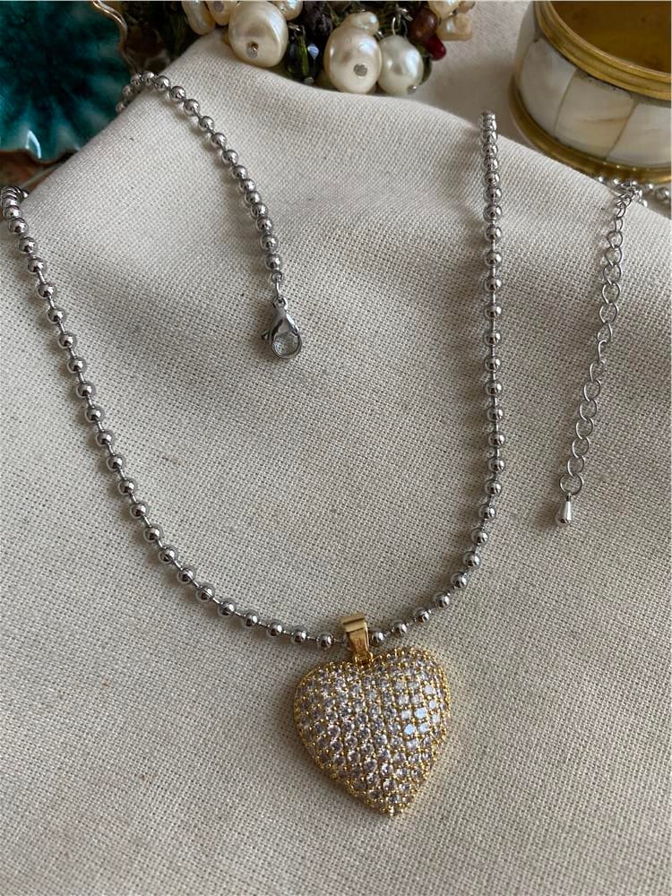 Çelik Silver Zincirli Gold Bombe Kalp Kolye