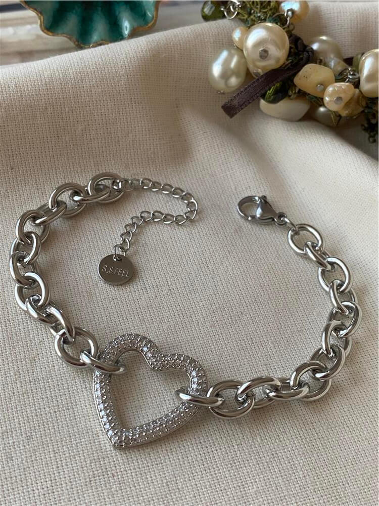 Çelik Taşlı Kalp Charm Detaylı Bileklik