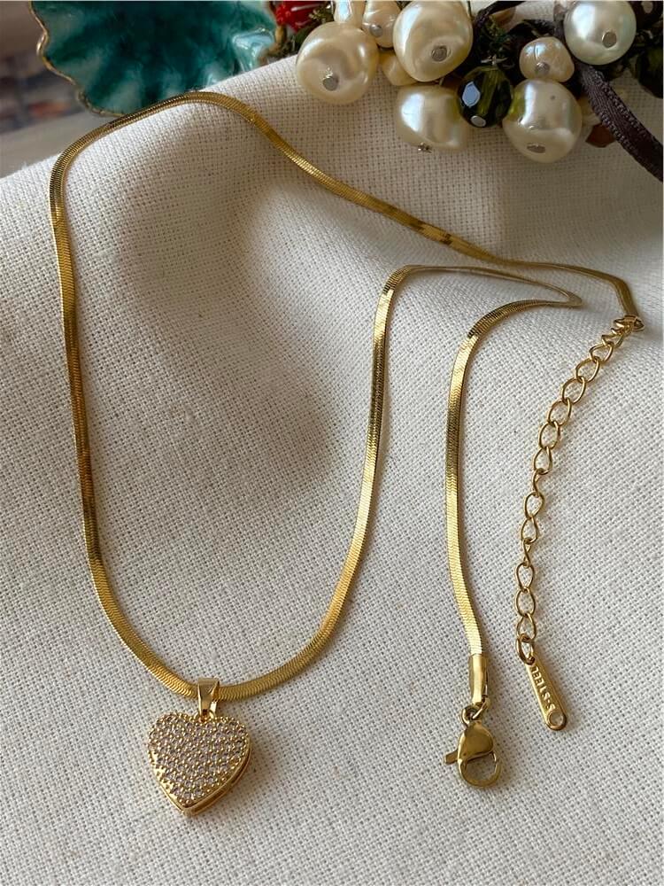 Çelik Taşlı Kalp Charmlı İnce İtalyan Kolye