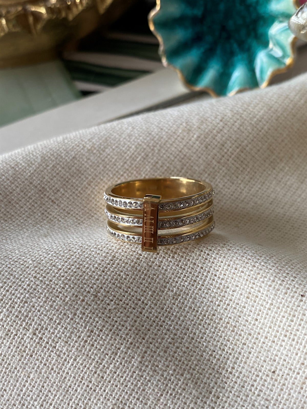 Çelik Üç Sıra Taşlı Yüzük