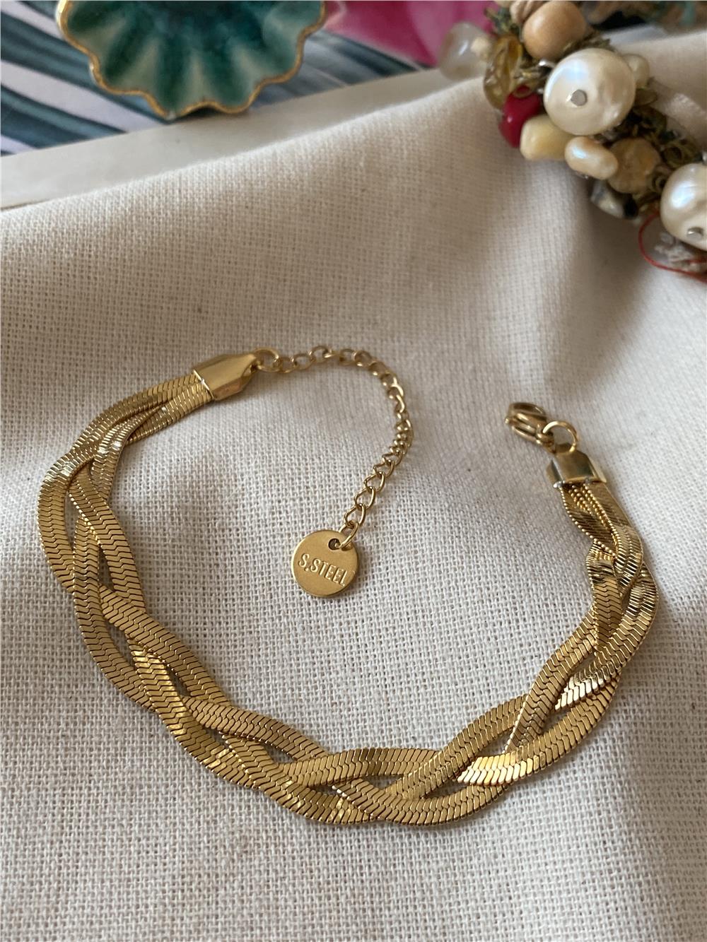 Çelik Üçlü Örme Gold İtalyan Bileklik