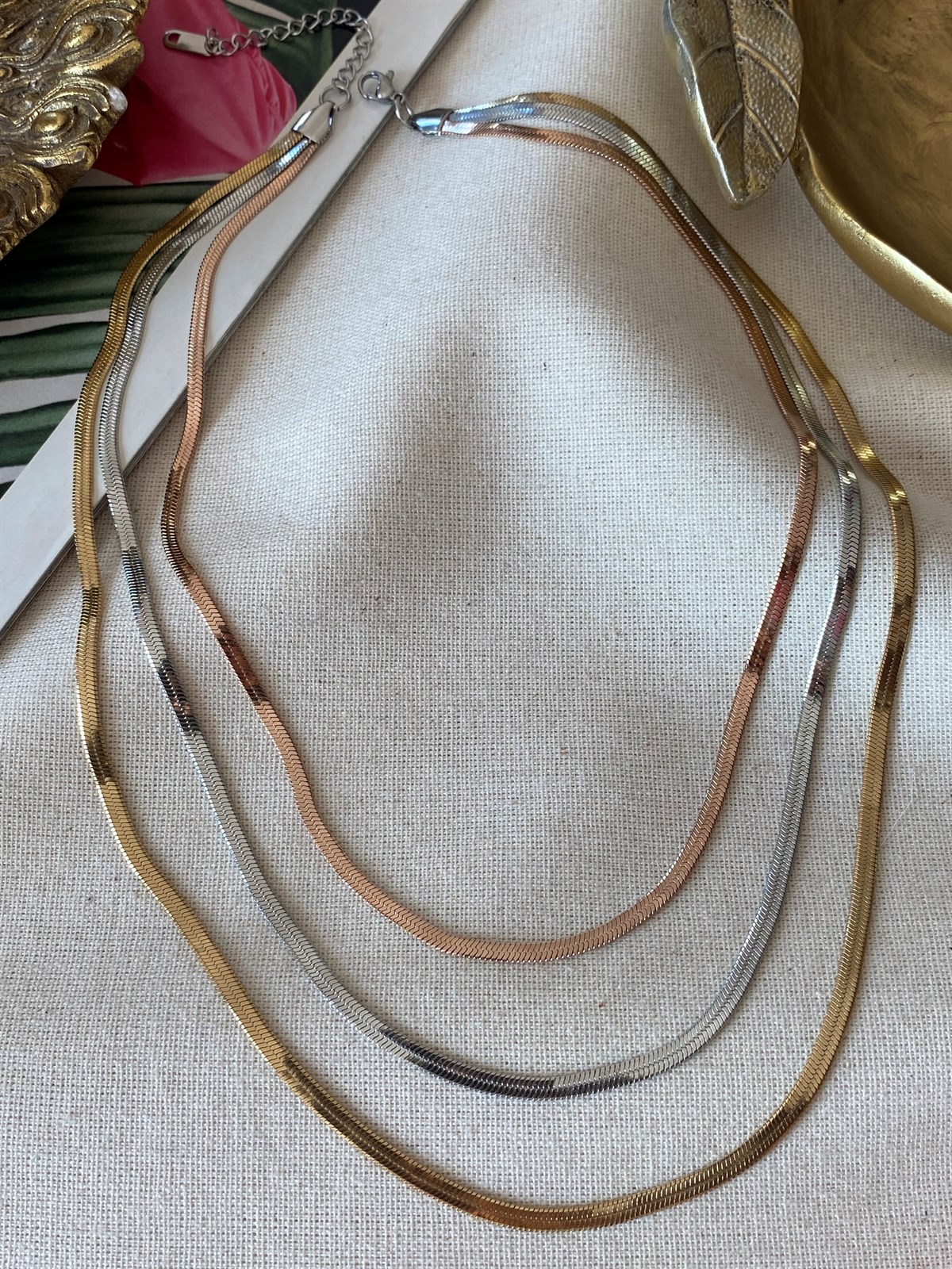 Çelik Üçlü  Tricolor Yassı Kolye