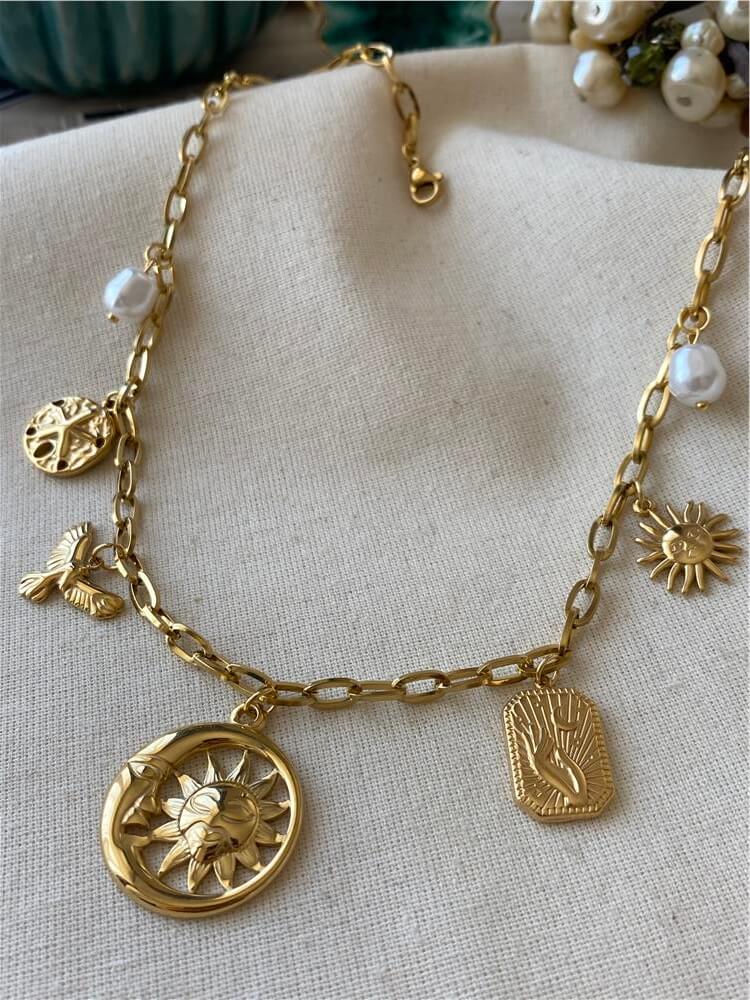 Çelik Vintage Ay ve Güneş Charm Kolye