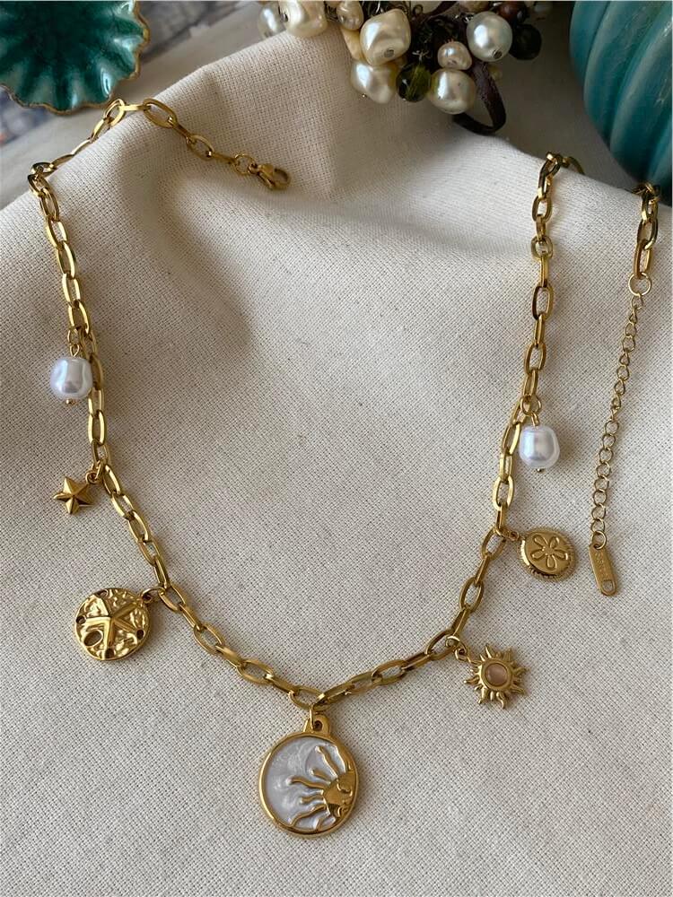 Çelik Vintage Sedefli Güneş Charm Kolye