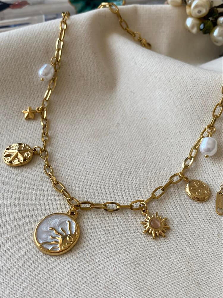 Çelik Vintage Sedefli Güneş Charm Kolye