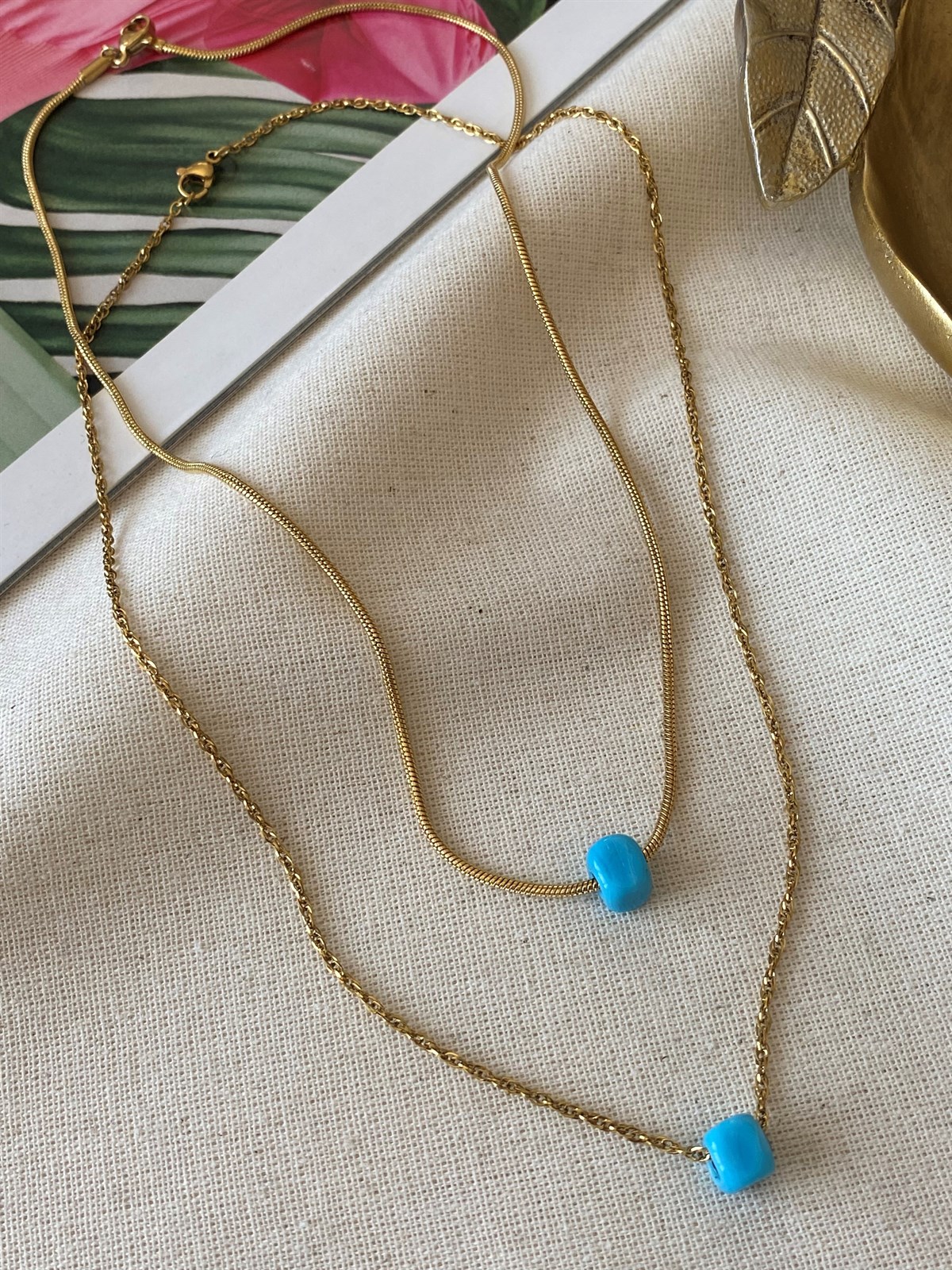 Çelik Zincirli Mavi Kolye