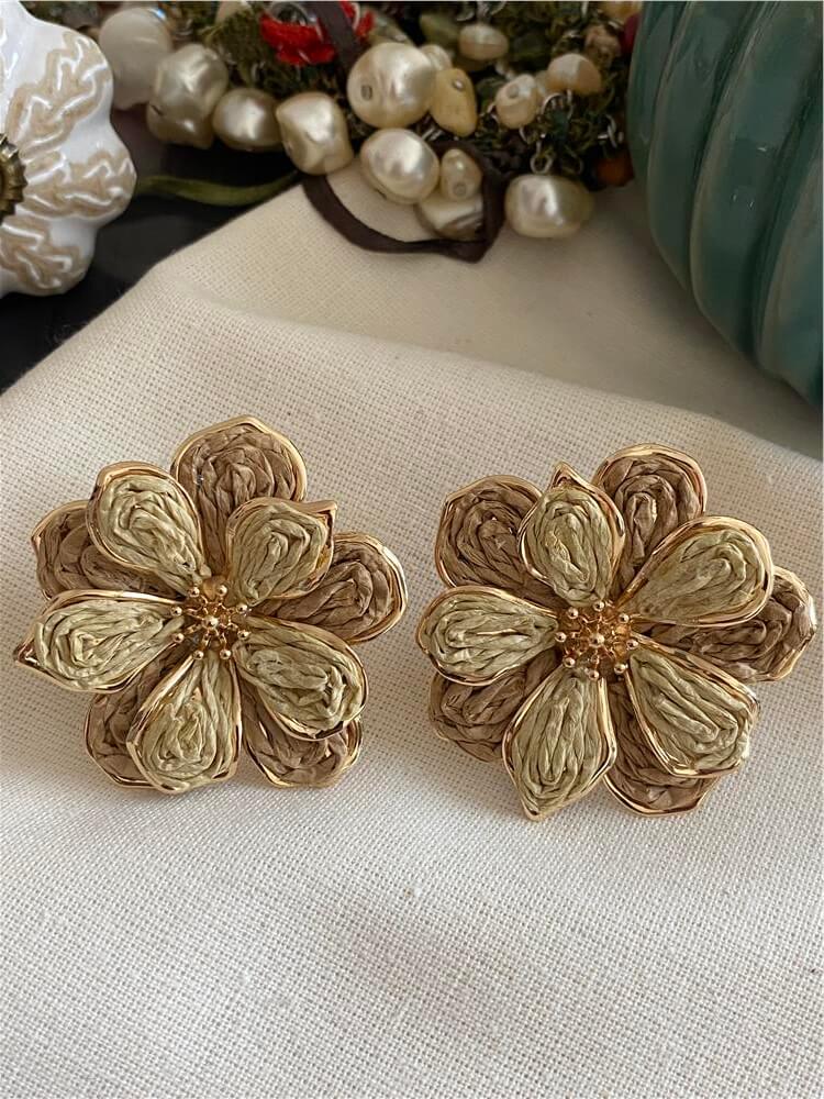 Çift Ton Kahverengi Hasır Çiçek Küpe