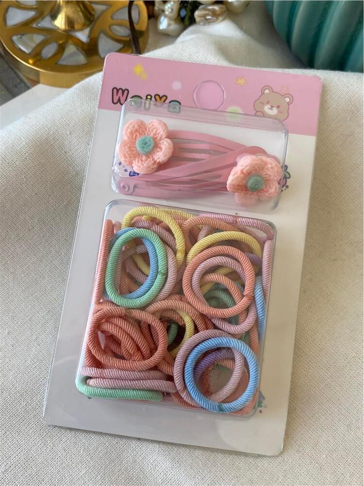 Çıtçıtlı Açık Pembe Çiçek Detaylı Renkli Mini Lastik Toka Seti