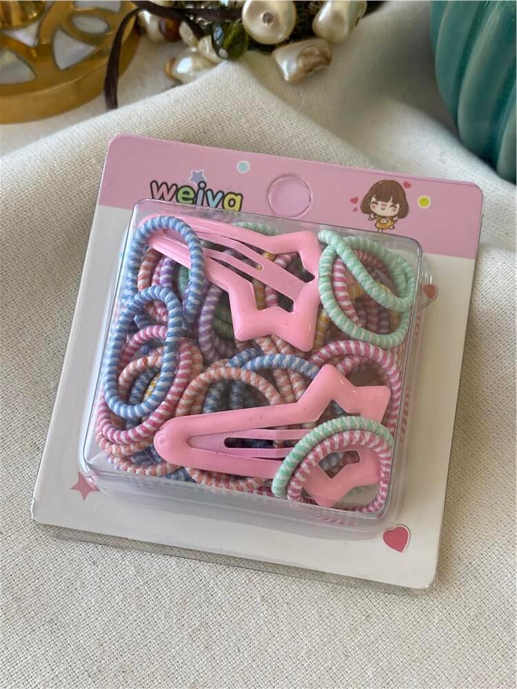 Çıtçıtlı Açık Pembe Yıldız Detaylı Mini Lastik Toka Seti