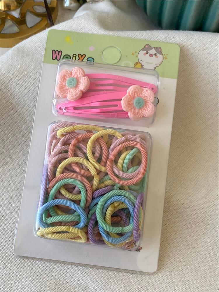 Çıtçıtlı Koyu Pembe Çiçek Detaylı Renkli Mini Lastik Toka Seti