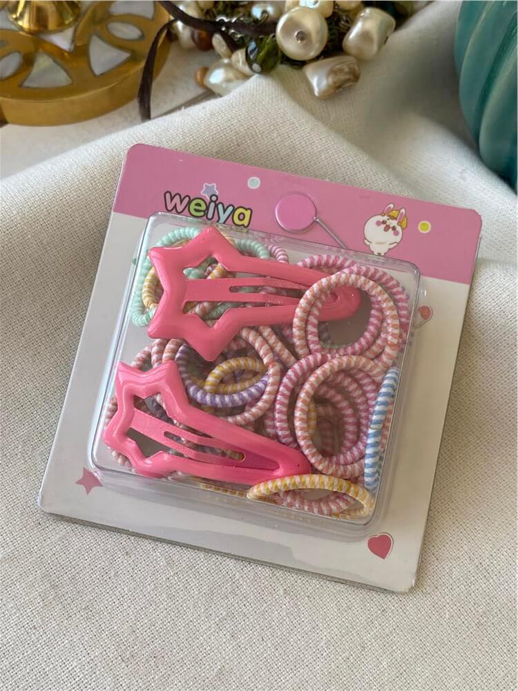 Çıtçıtlı Koyu Pembe Yıldız Detaylı Mini Lastik Toka Seti