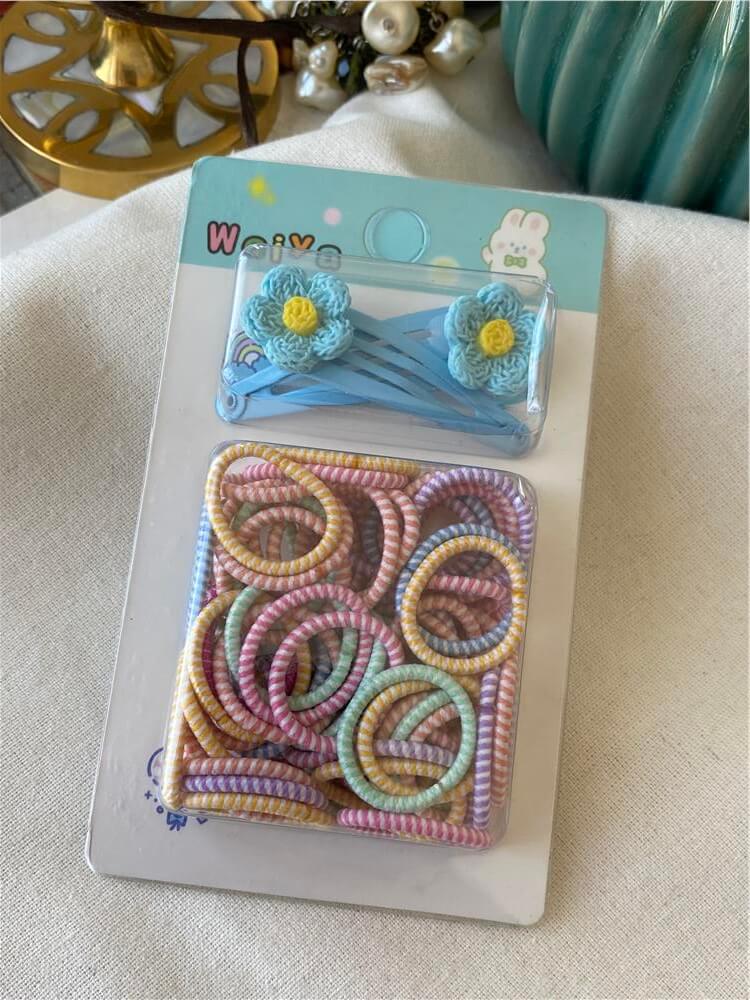 Çıtçıtlı Mavi Çiçek Detaylı Renkli Mini Lastik Toka Seti