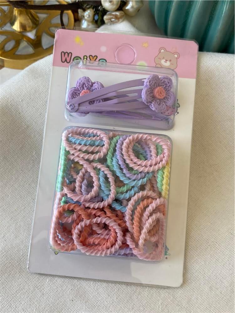 Çıtçıtlı Mor Çiçek Detaylı Renkli Mini Lastik Toka Seti
