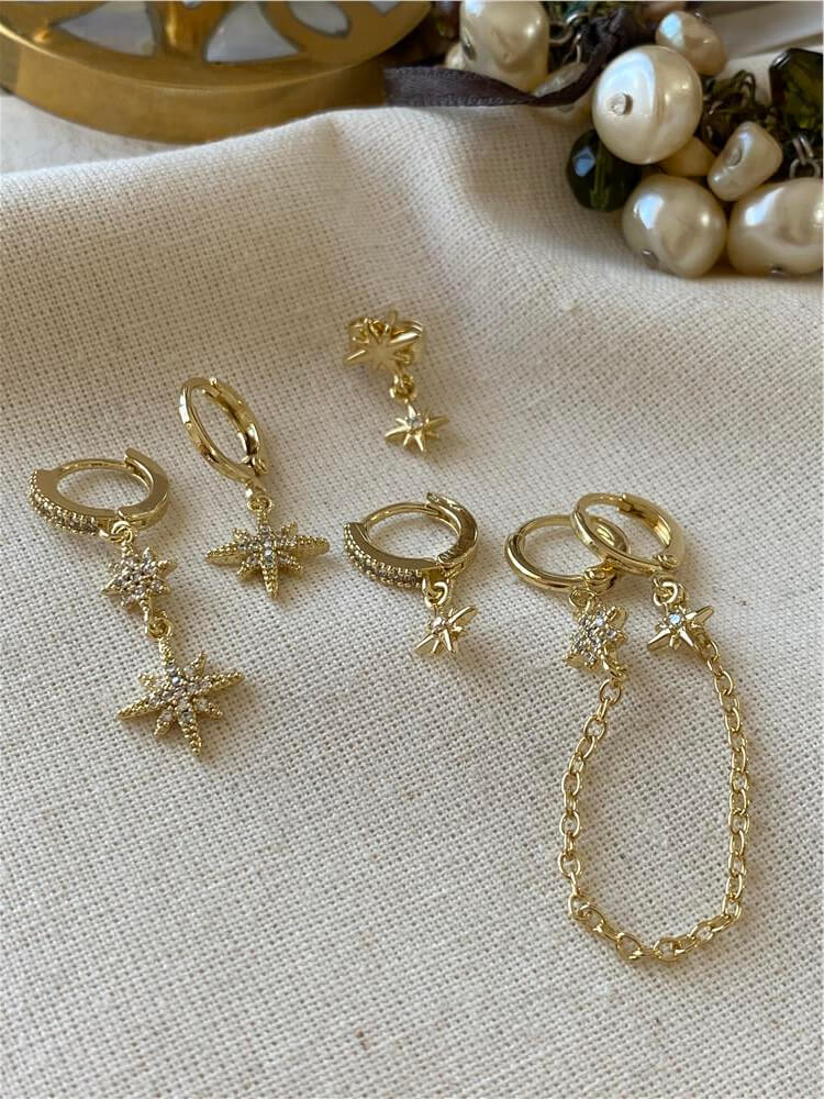 Çoklu 14K Taşlı Kuzeyyıldızı Küpe Seti