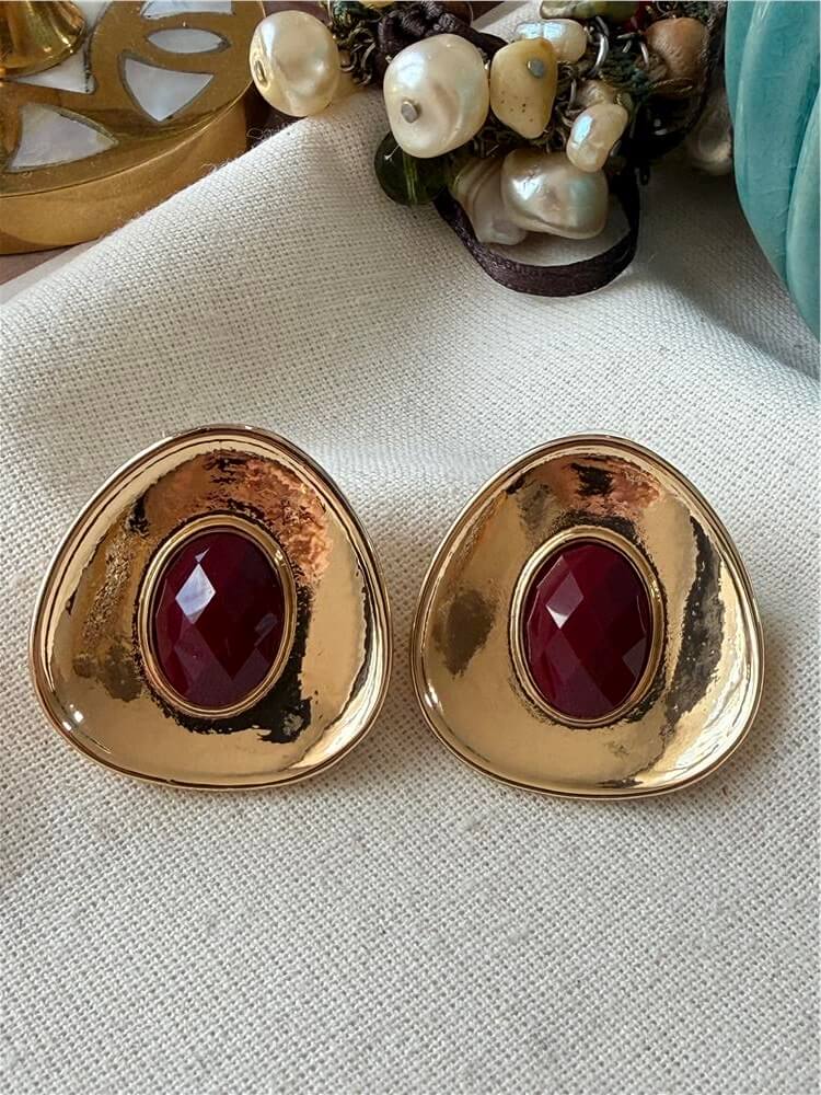 Desenli Bordo Taşlı Egg Model Küpe