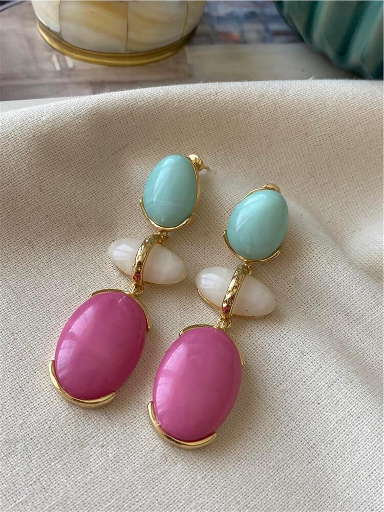 Fuşya Taşlı Üçlü Oval Tasarım Küpe