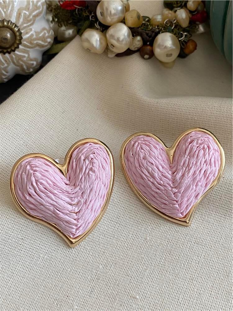 Gold Çerçeveli Pembe Hasır Kalp Küpe