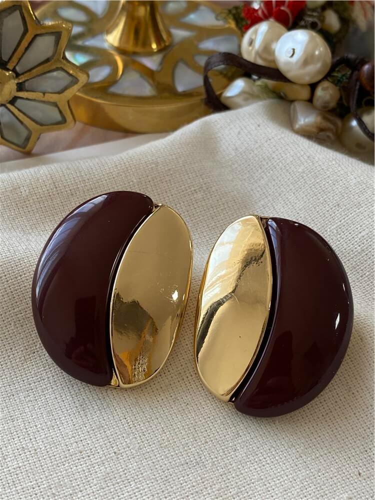 Gold Detaylı Kahverengi Twin Küpe