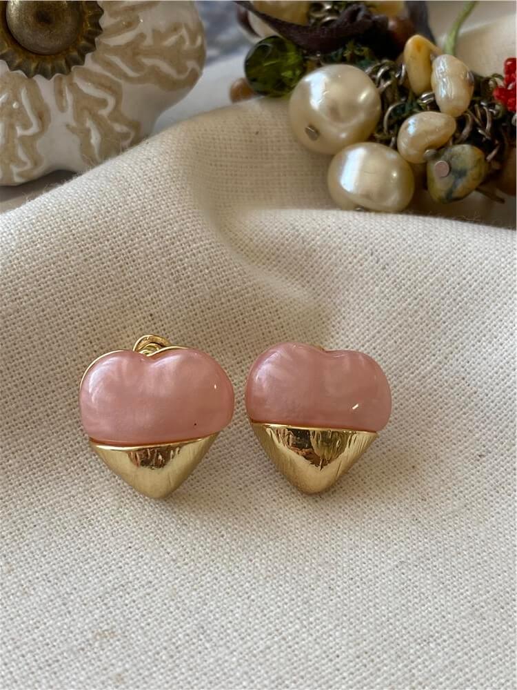 Gold Detaylı Pembe Mineli Kalp Küpe