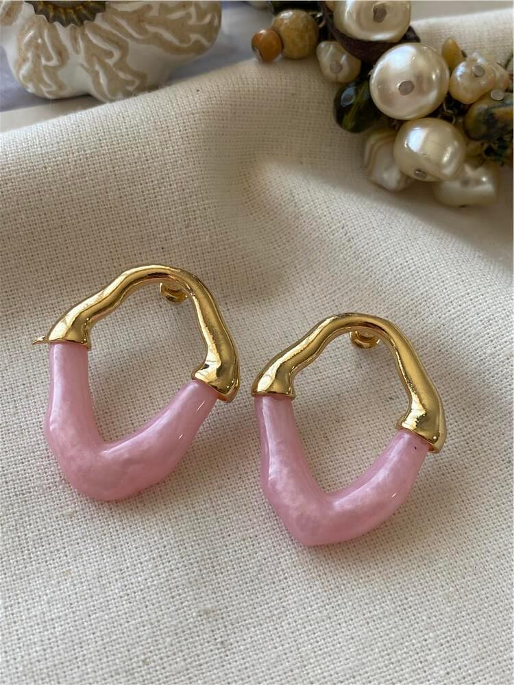 Gold Detaylı Pembe Mineli Vintage Küpe