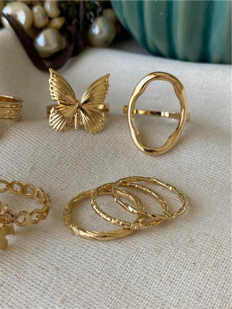 Gold Kelebekli Çoklu Yüzük Seti