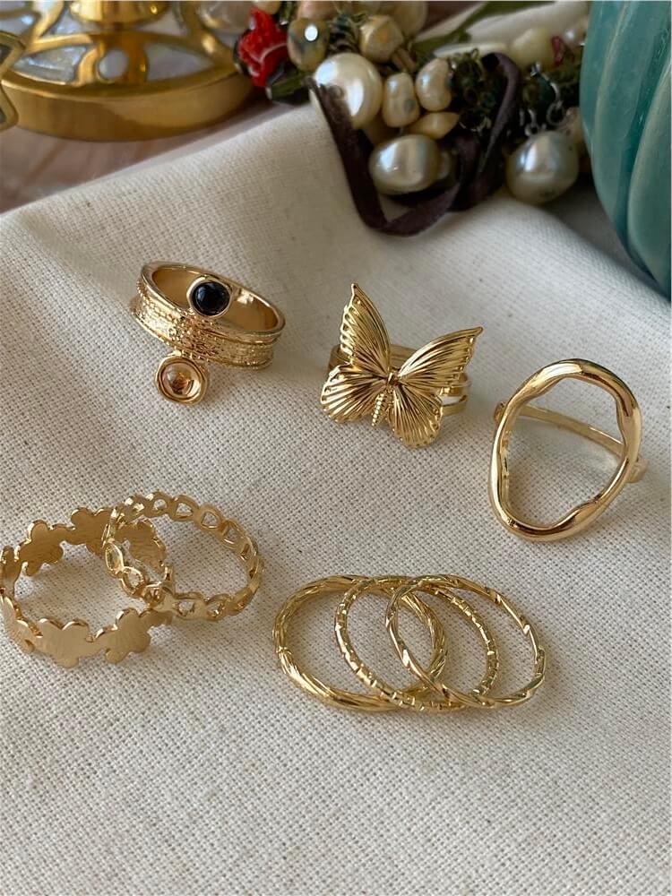 Gold Kelebekli Çoklu Yüzük Seti