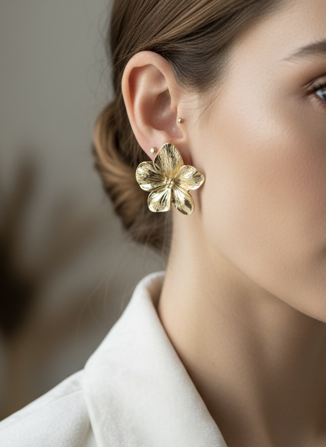 Gold Metal Çiçek Küpe