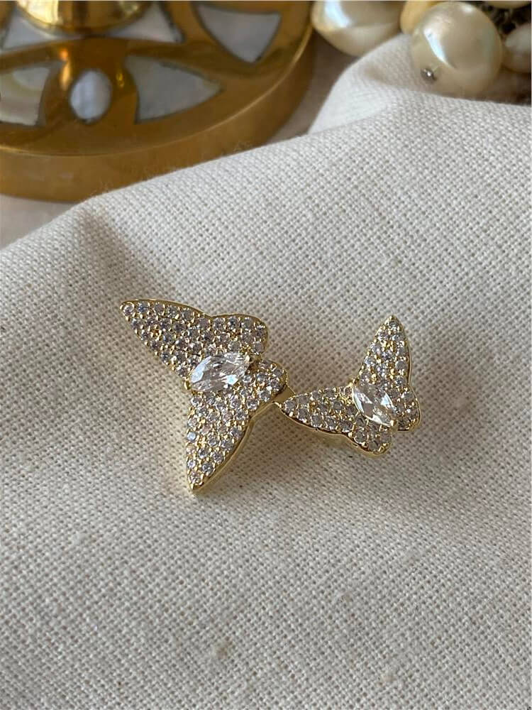 Gold Taşlı Çift Kelebek Broş