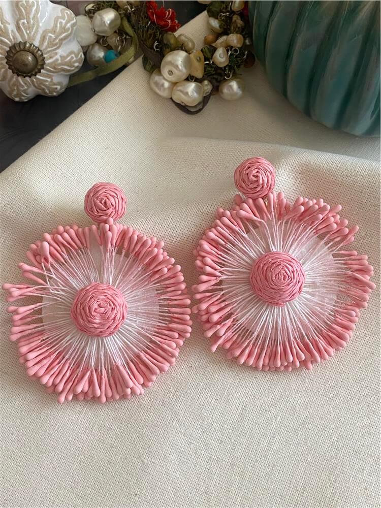 Hasır Tasarım Koyu Pembe Çiçek Küpe