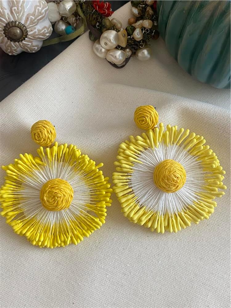 Hasır Tasarım Sarı Çiçek Küpe