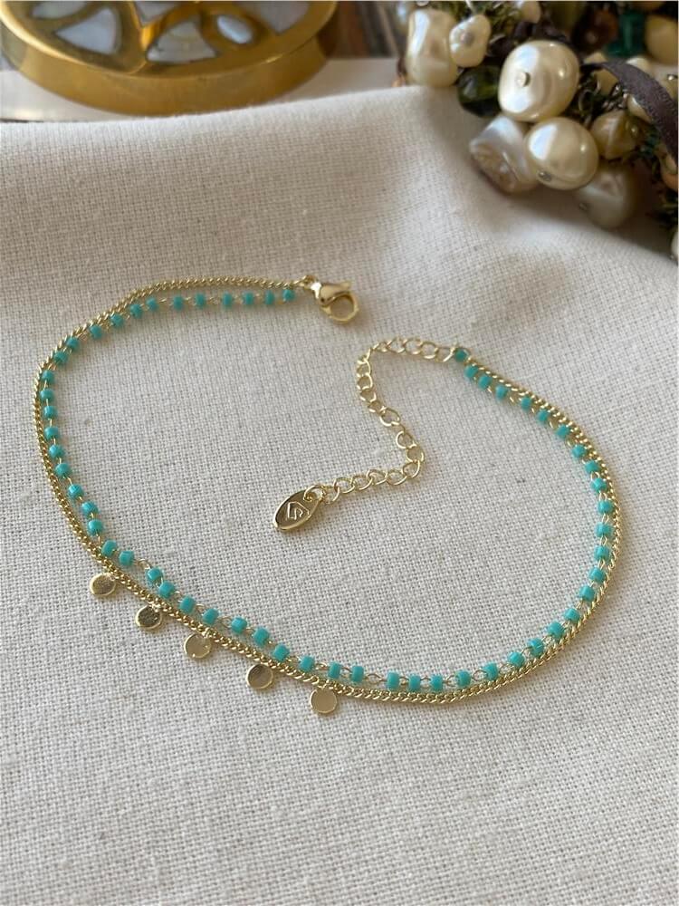 İkili 14K Yeşil Taşlı Pul Detaylı Halhal