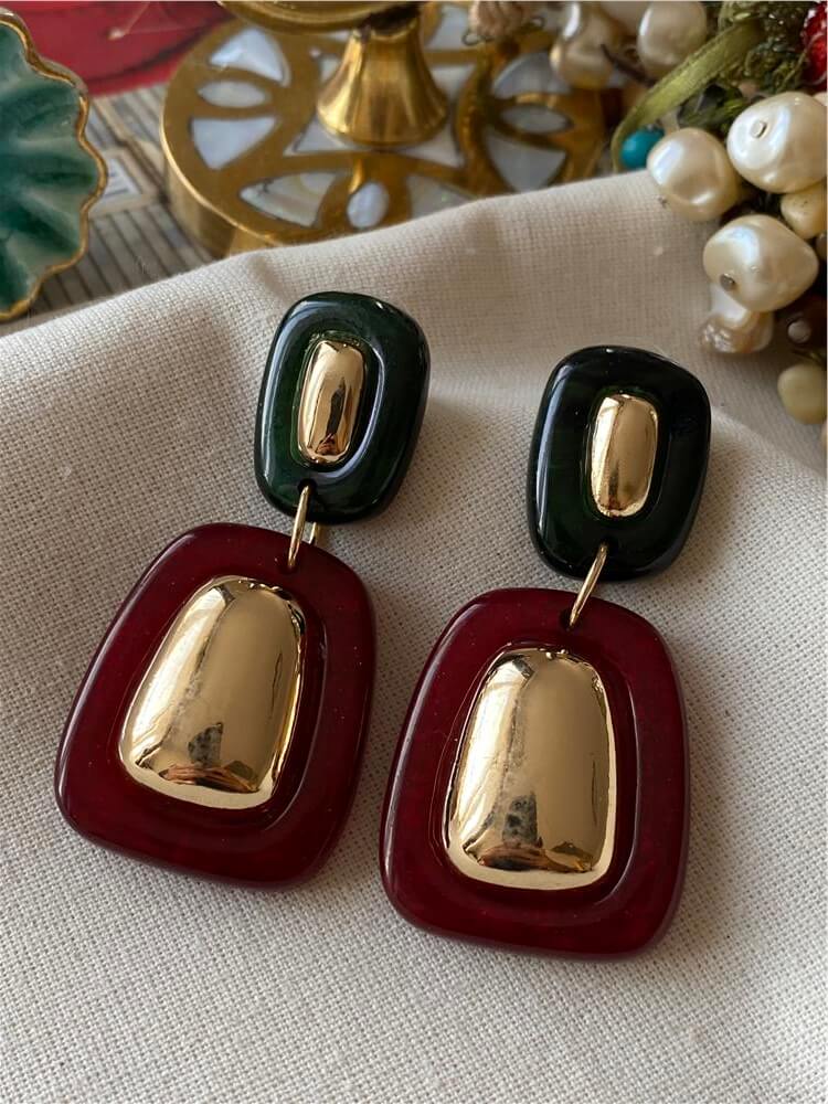 İkili Bordo ve Yeşil Renkli Oval Form Küpe
