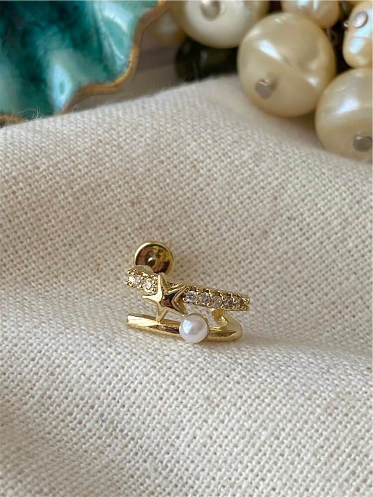 İkili Görünümlü İncili Yıldız Desenli Piercing Küpe