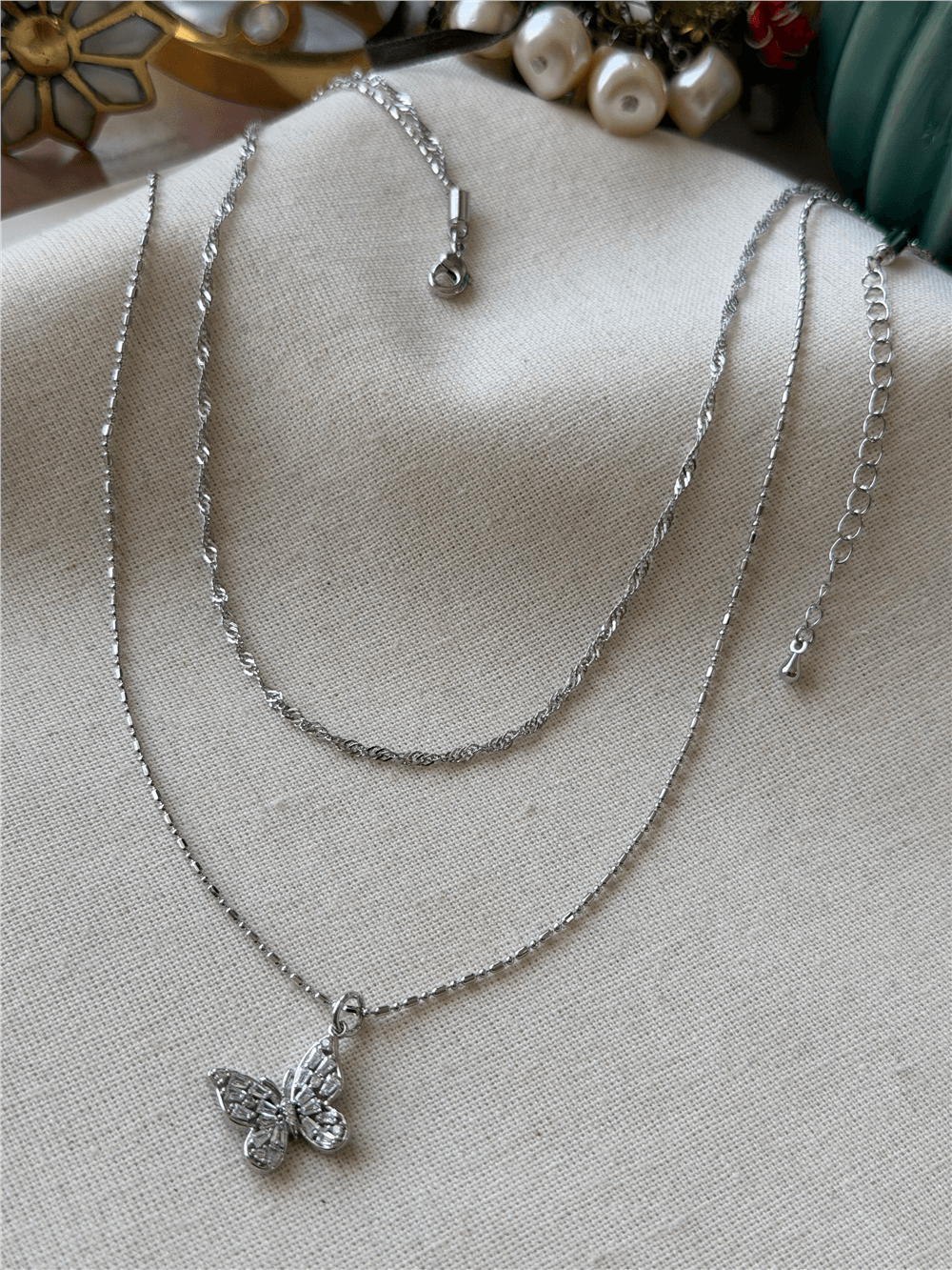 İkili Silver Kelebek Charmlı Kolye