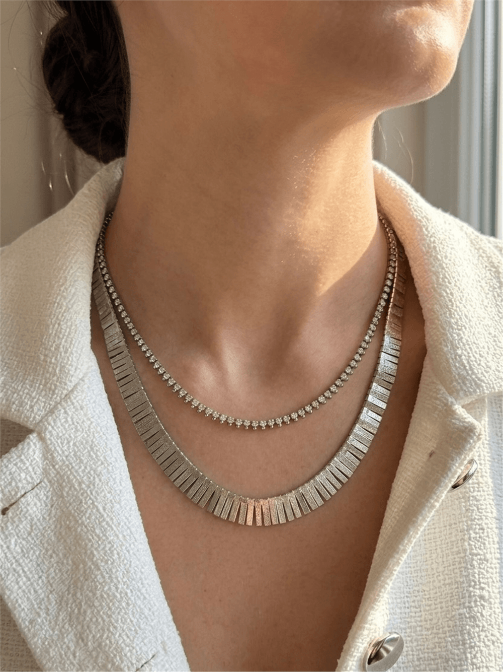 İkili Silver Suyolu Detaylı Çubuk Kolye