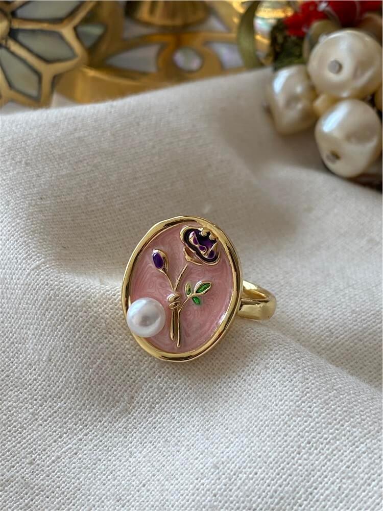 İnci Detaylı Pembe Mineli Çiçek Yüzük