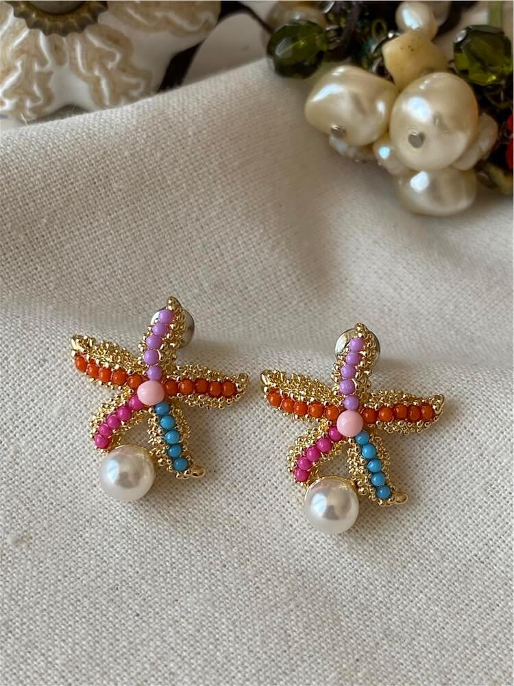 İnci Detaylı Renkli Mini Denizyıldızı Küpe