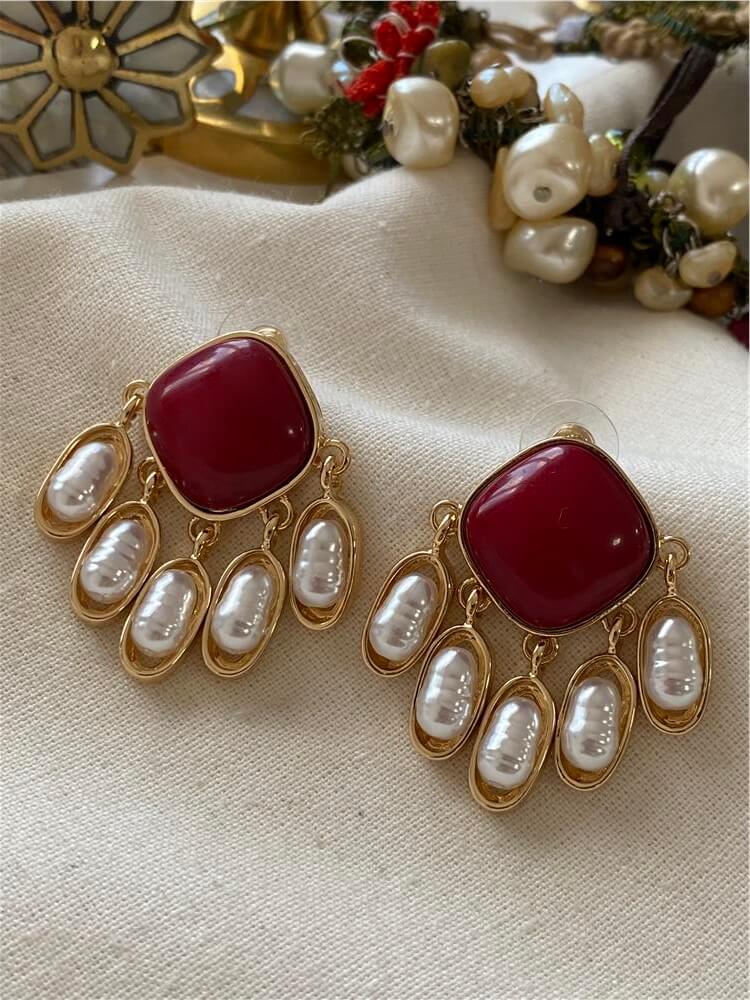 İnci Sallantılı Bordo Detaylı Küpe