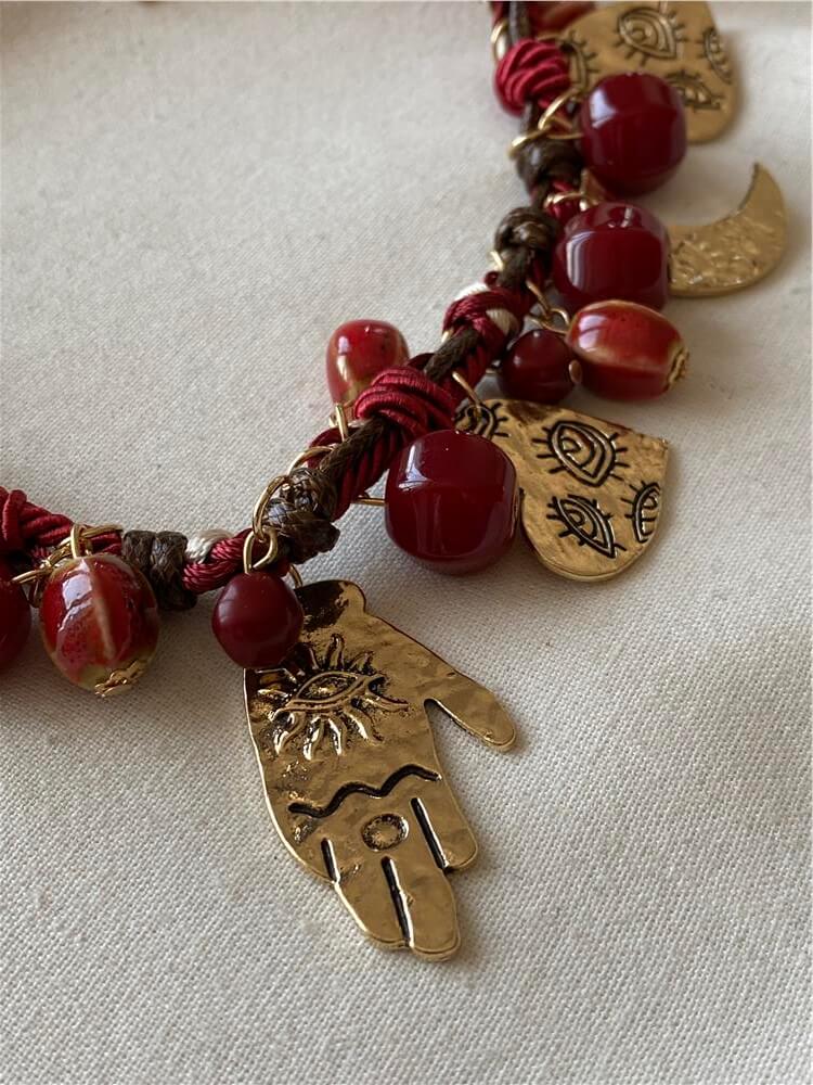 İthal Büyük Metal Charmlı Bordo Halat Kolye
