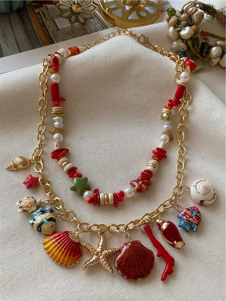 İthal İkili Gold Zincir Detaylı Deniz Simgeleri Kolye