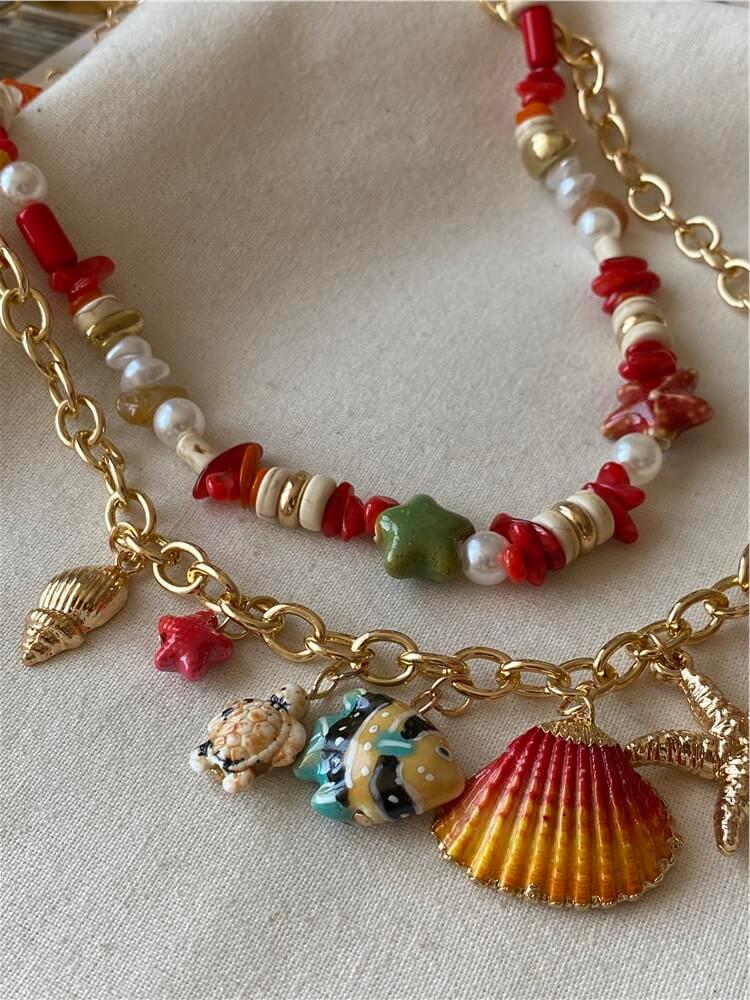 İthal İkili Gold Zincir Detaylı Deniz Simgeleri Kolye
